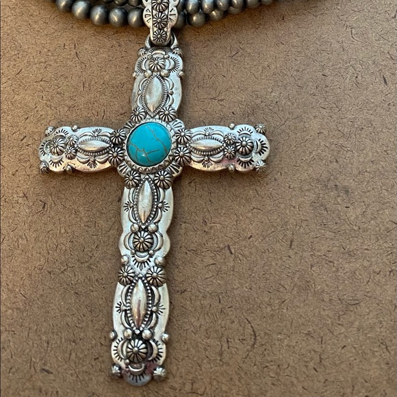 Cross pendant on gray triple strand beads - Picture 2 of 5